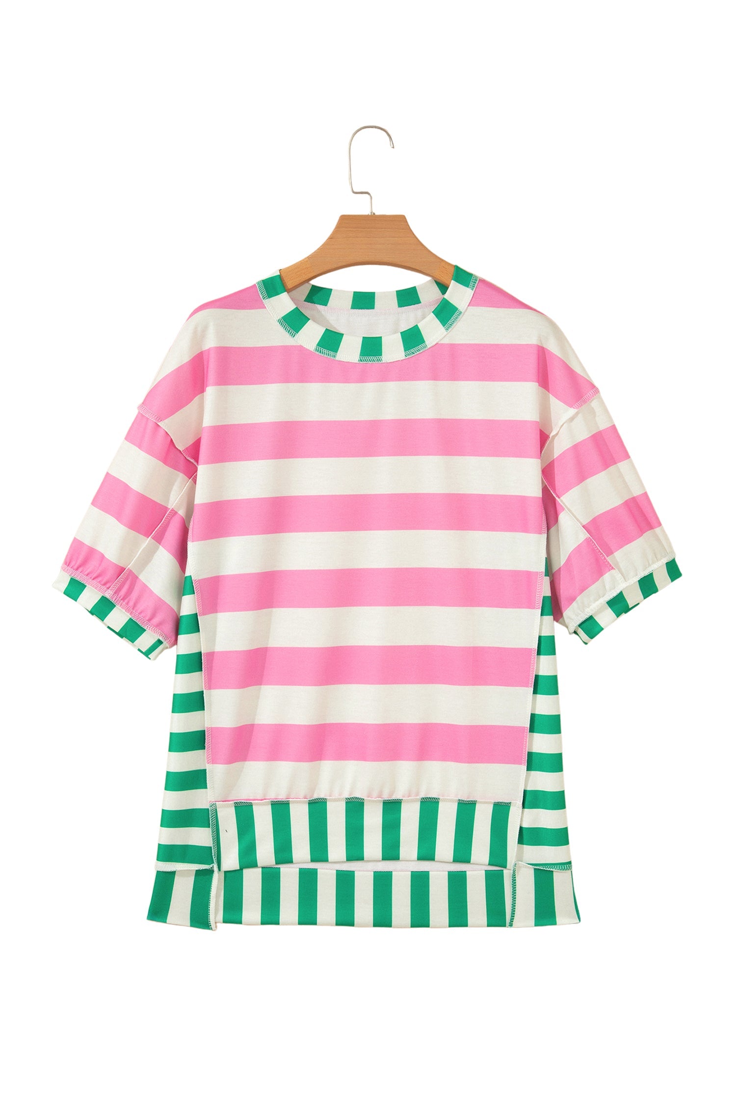 Pink Stripe Exposed Seam Contrast Patchwork Oversized Top
