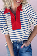 Blue Stripe Short Puff Sleeve Color Block Polo Collar Blouse