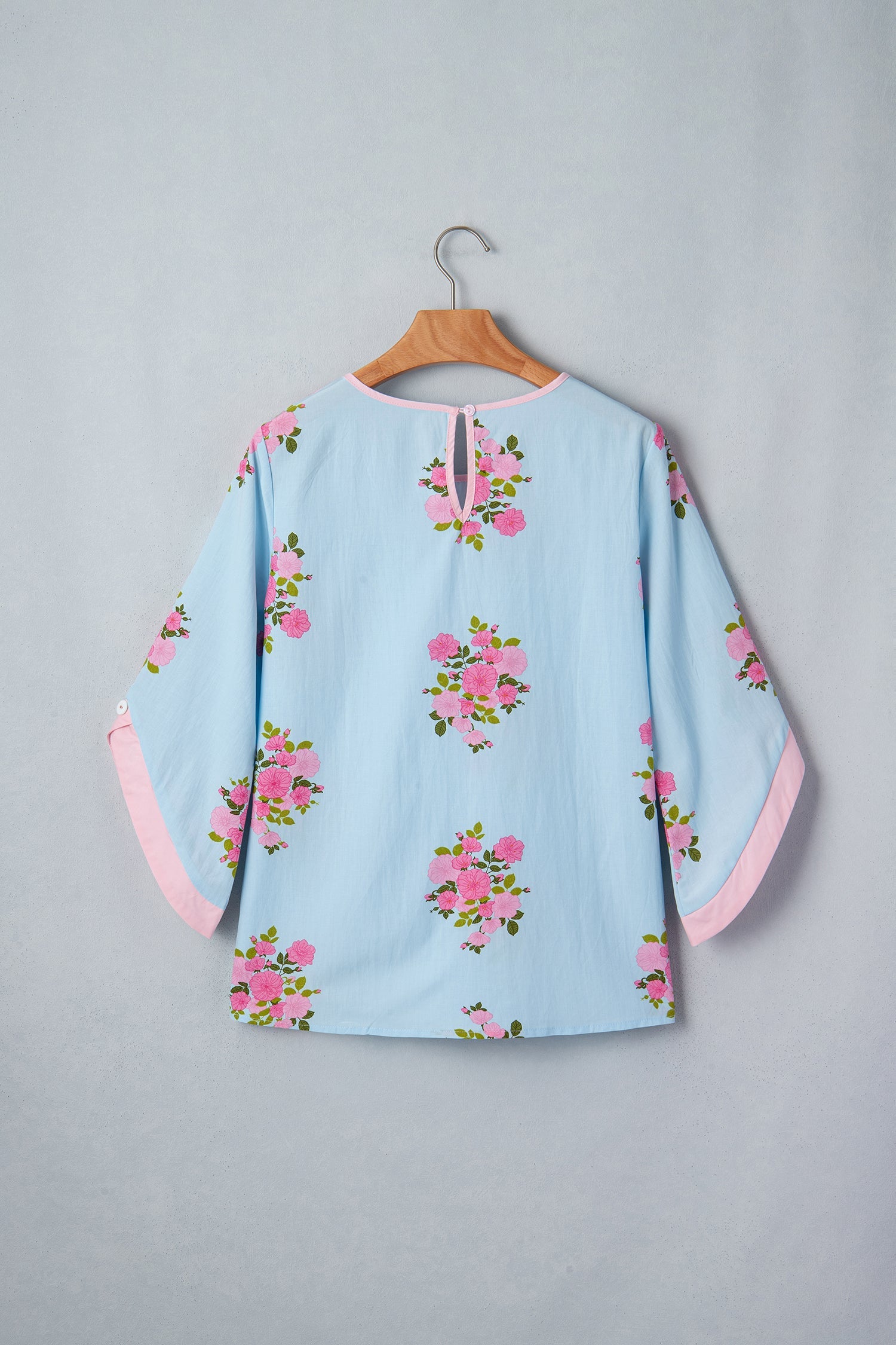 Sky Blue Floral Print Button Cuffed 3/4 Sleeve Round Neck Blouse
