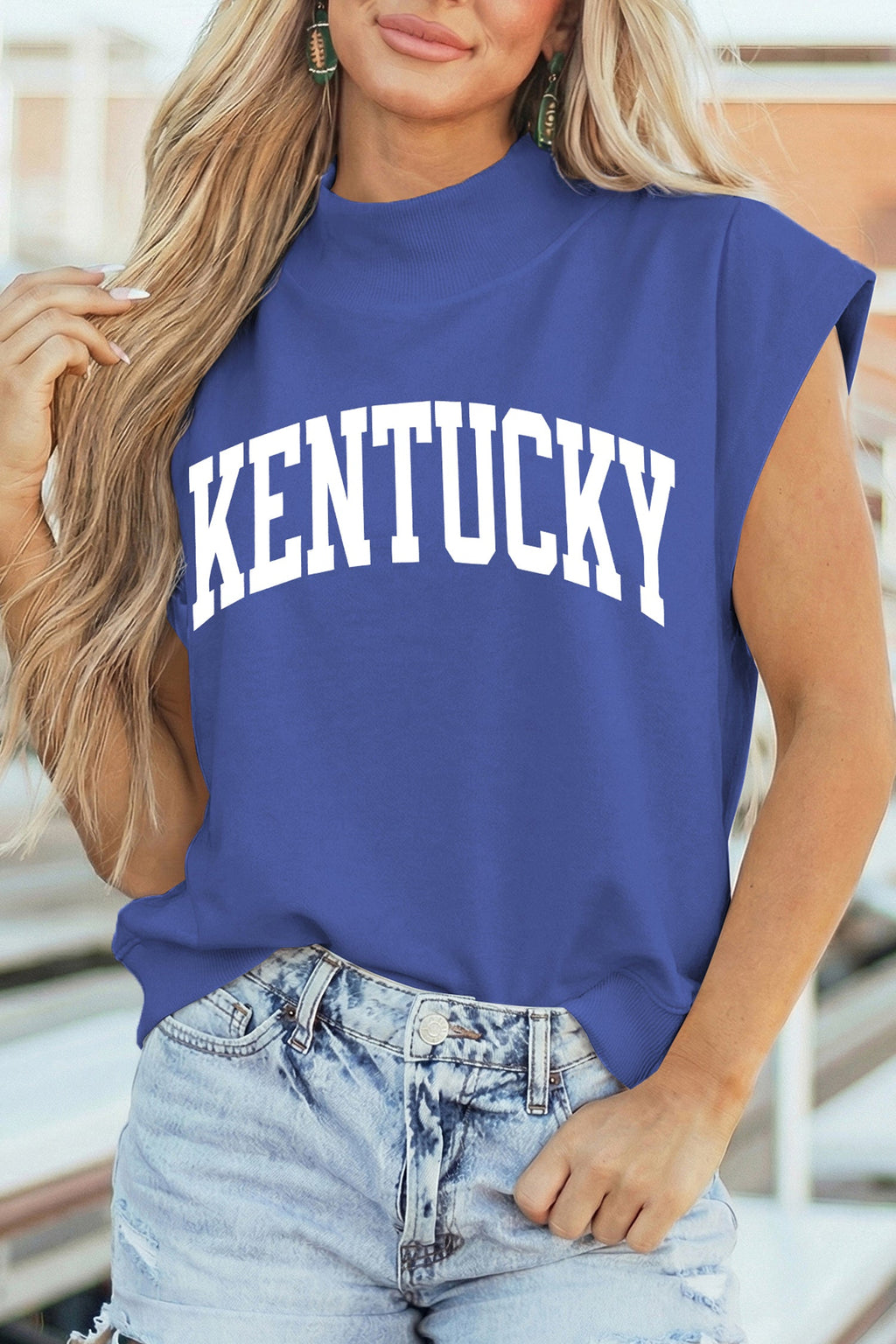 Sky Blue KENTUCKY Leopard KY Double Side Printed Mock Neck Tee