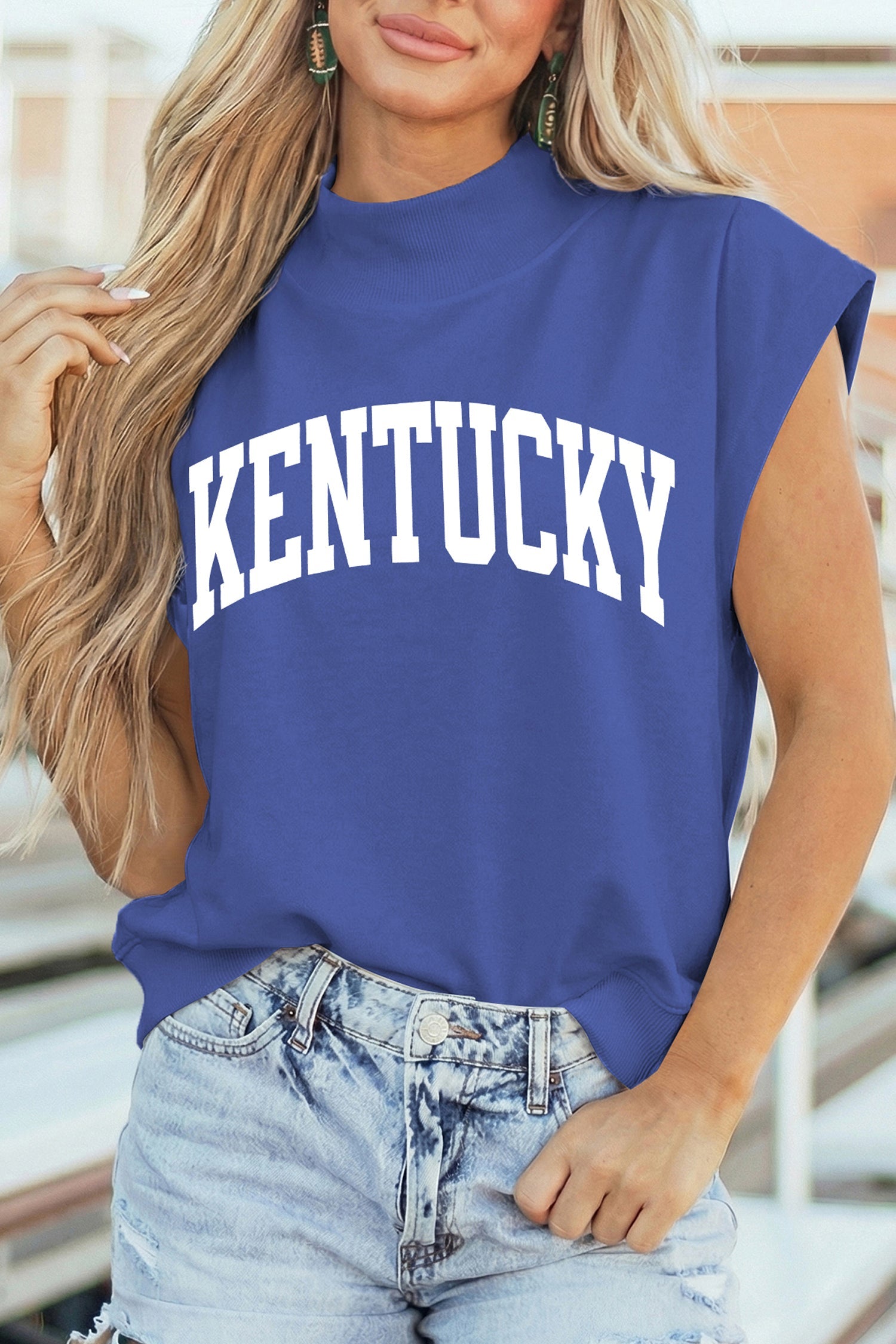 Sky Blue KENTUCKY Leopard KY Double Side Printed Mock Neck Tee