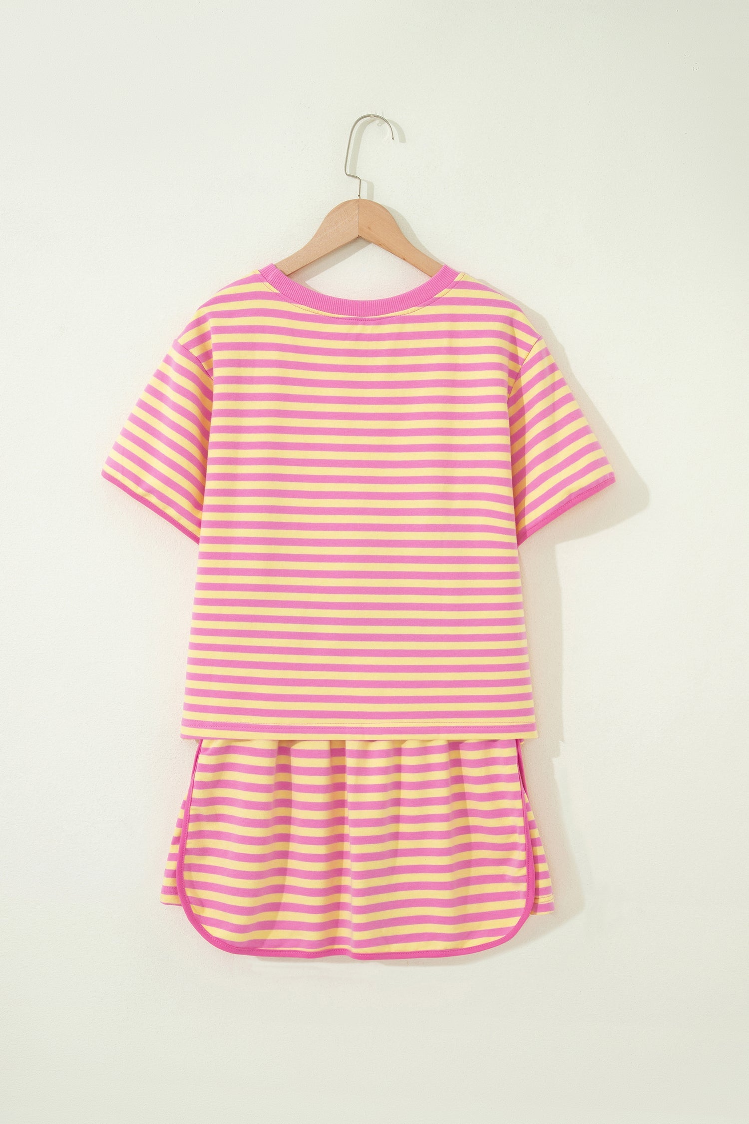 Pink Stripe Loose Short Sleeve Top and Skirt Set