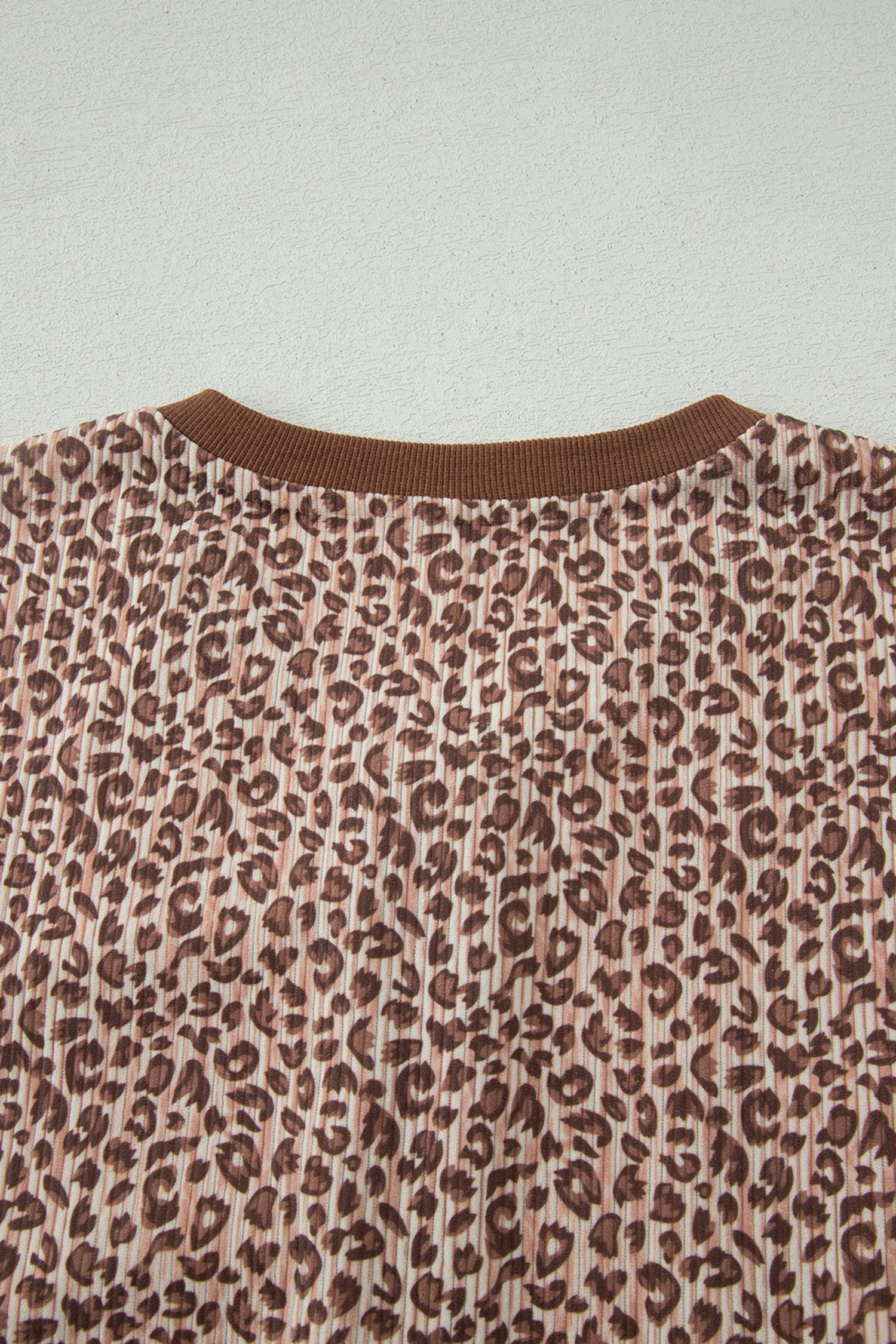 Brown Leopard Print Ribbed Patchwork Half Button Loose Tee Elastic Waist Short 2pcs Set