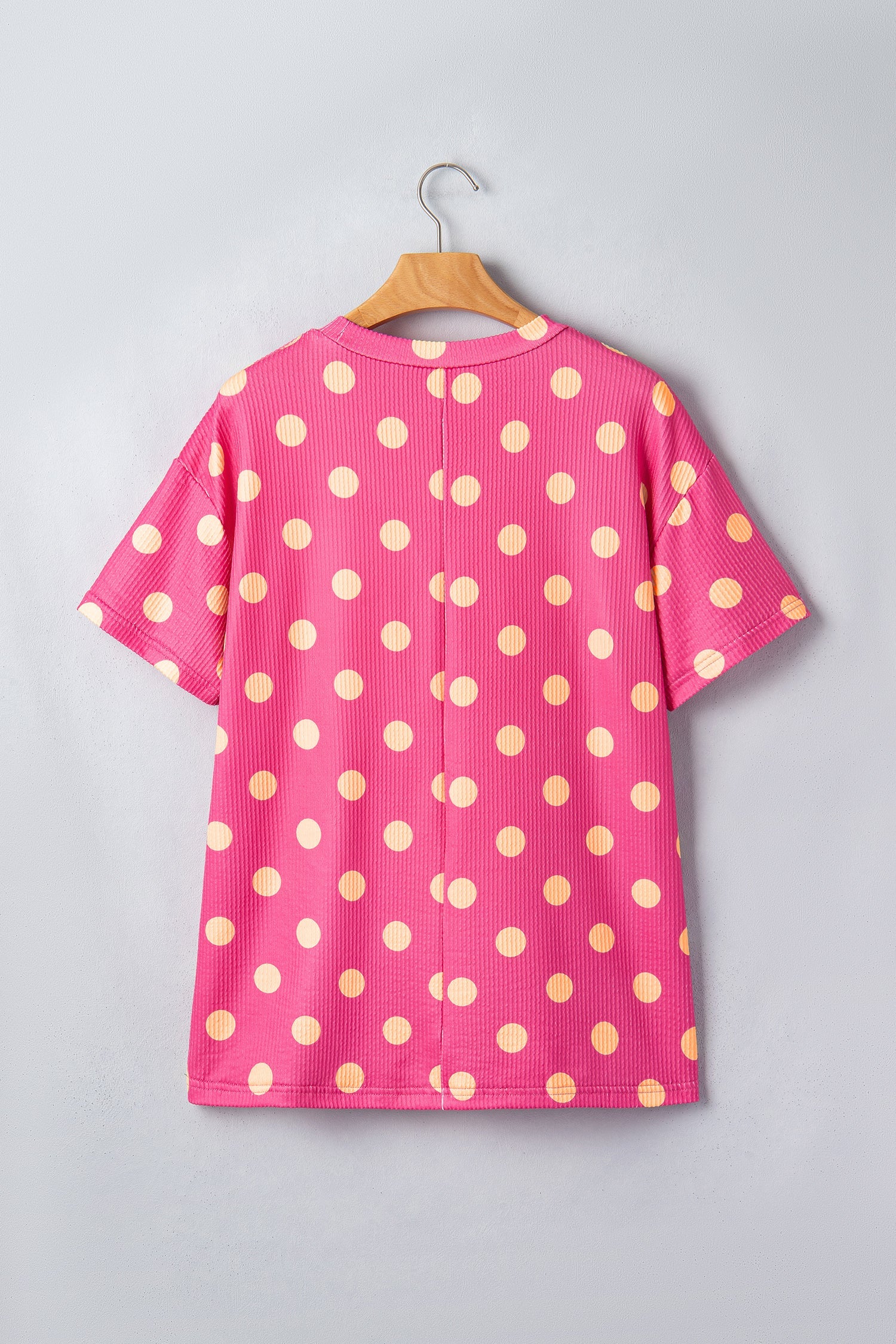 Pink Polka Dot Round Neck Drop Shoulder Patch Pocket Jacquard Texture Top