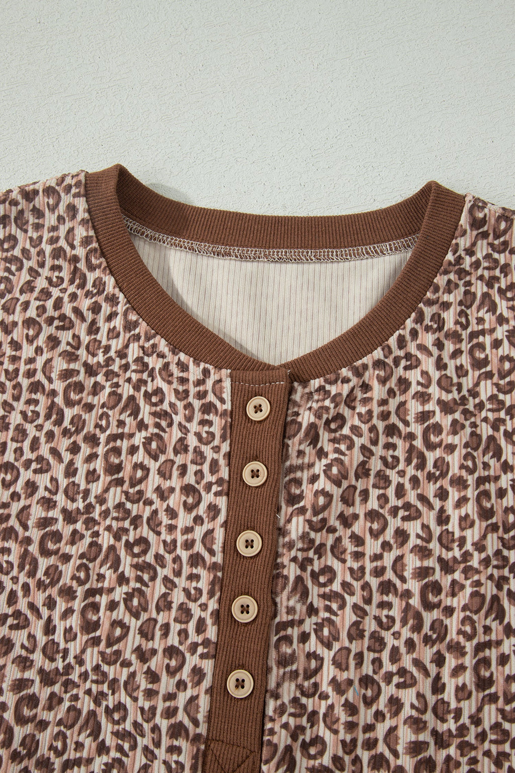 Brown Leopard Print Ribbed Patchwork Half Button Loose Tee Elastic Waist Short 2pcs Set