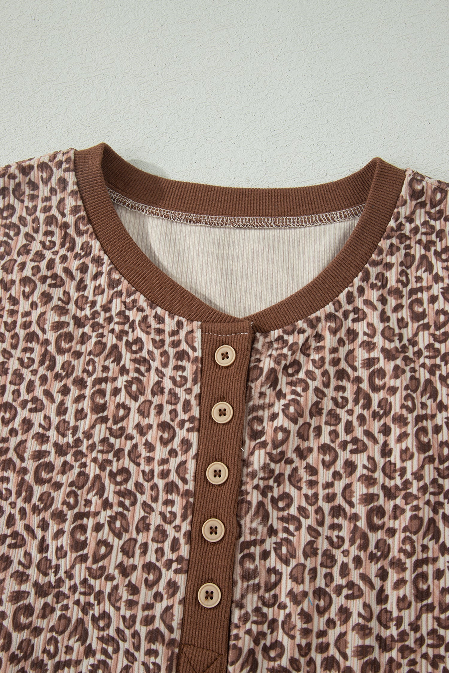 Brown Leopard Print Ribbed Patchwork Half Button Loose Tee Elastic Waist Short 2pcs Set