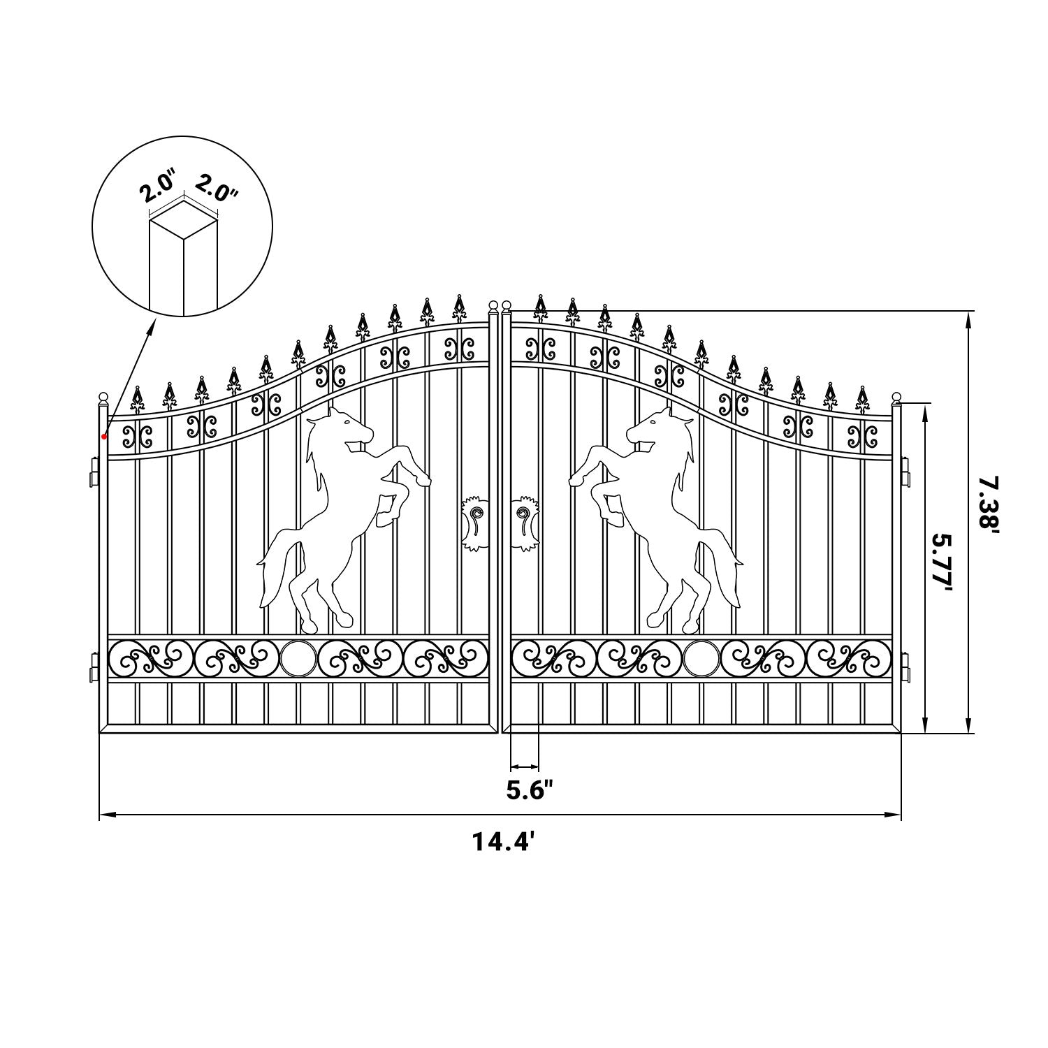 14x8 ft Steel Dual Swing Driveway Gate with Horse Pattern