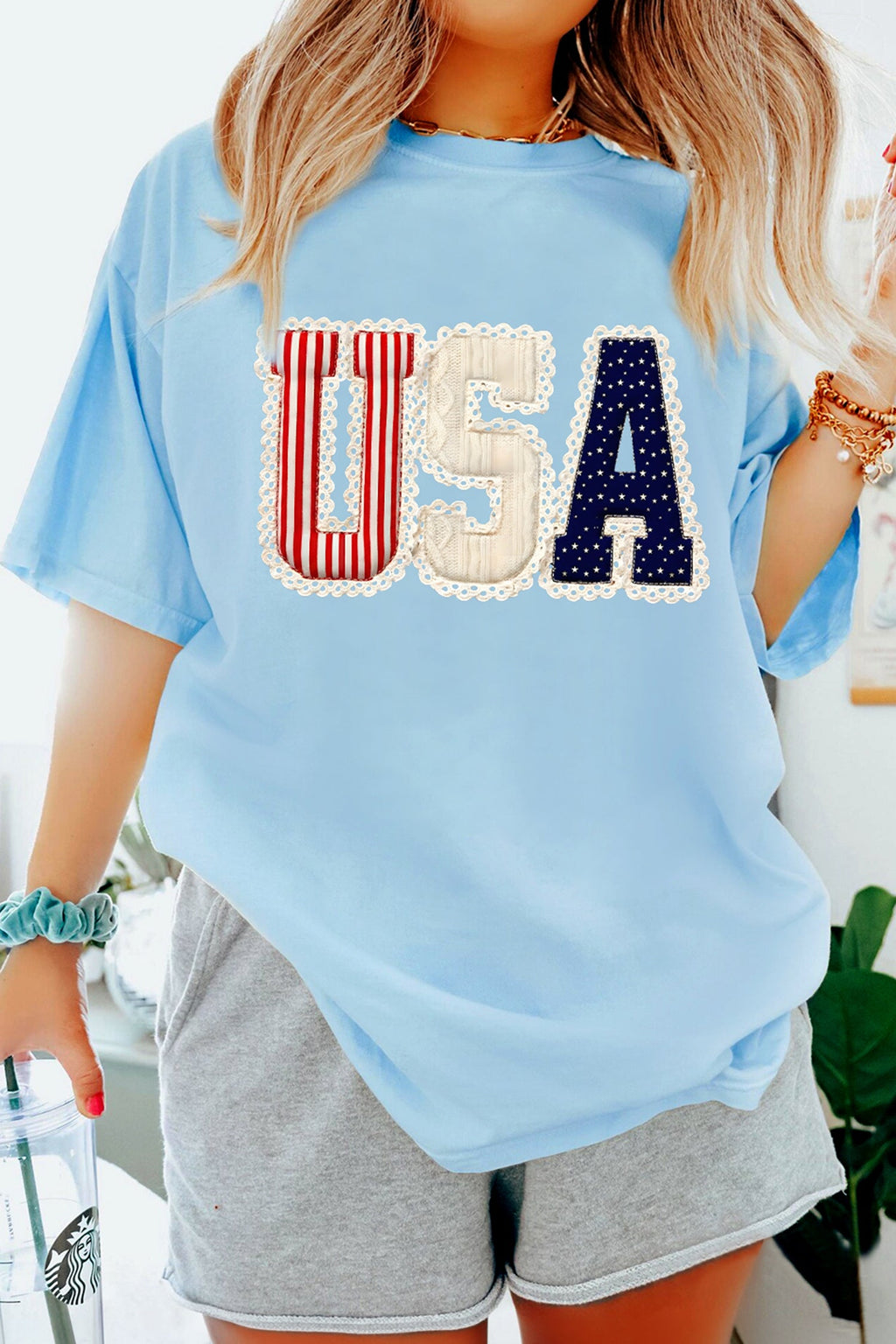 Light Blue USA Patriotic Printed T Shirt