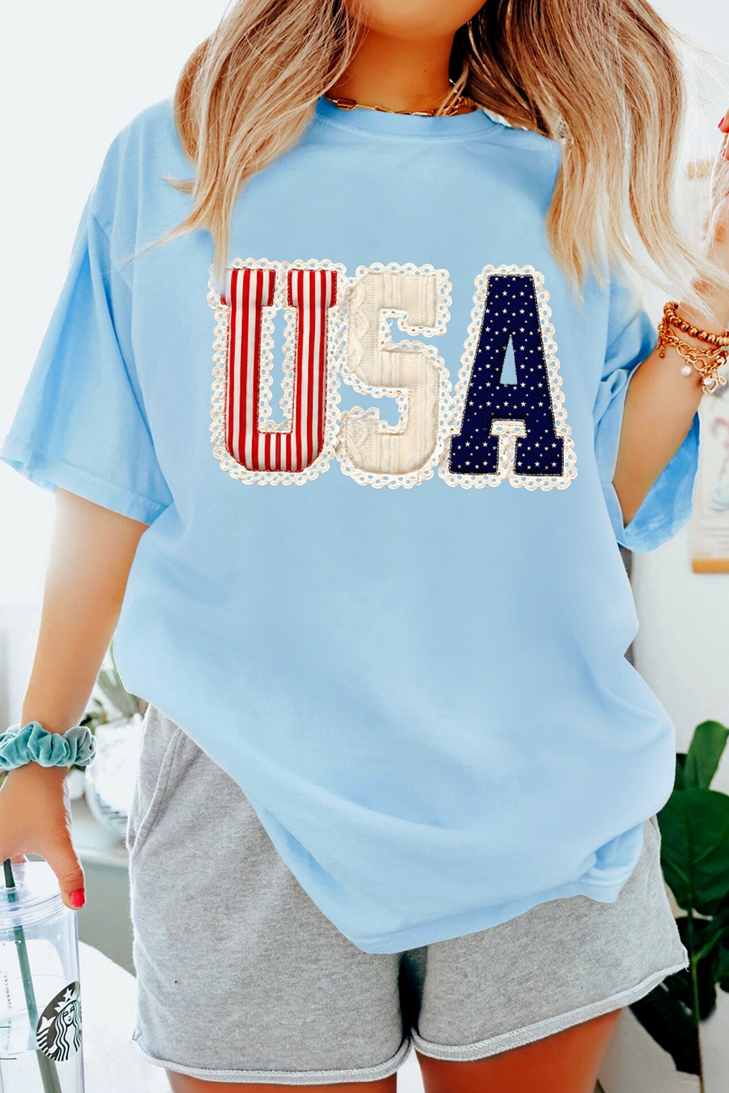 Light Blue USA Patriotic Printed T Shirt