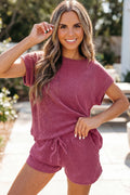 Pitaya Pink Twisted Ribbed Loose Tee Drawstring Elastic Waist 2pcs Short Set