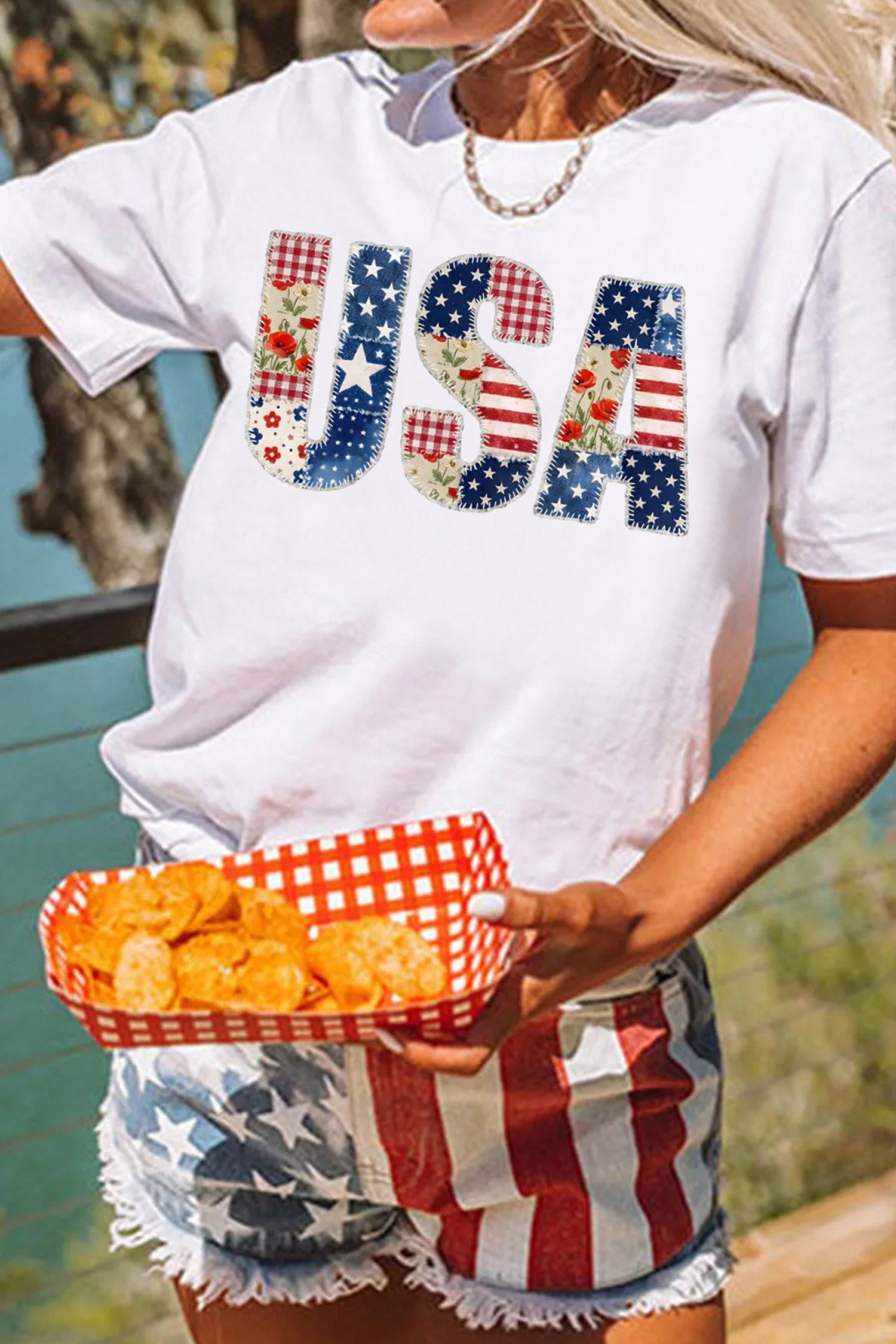 White USA Faux Patchwork Graphic Tee
