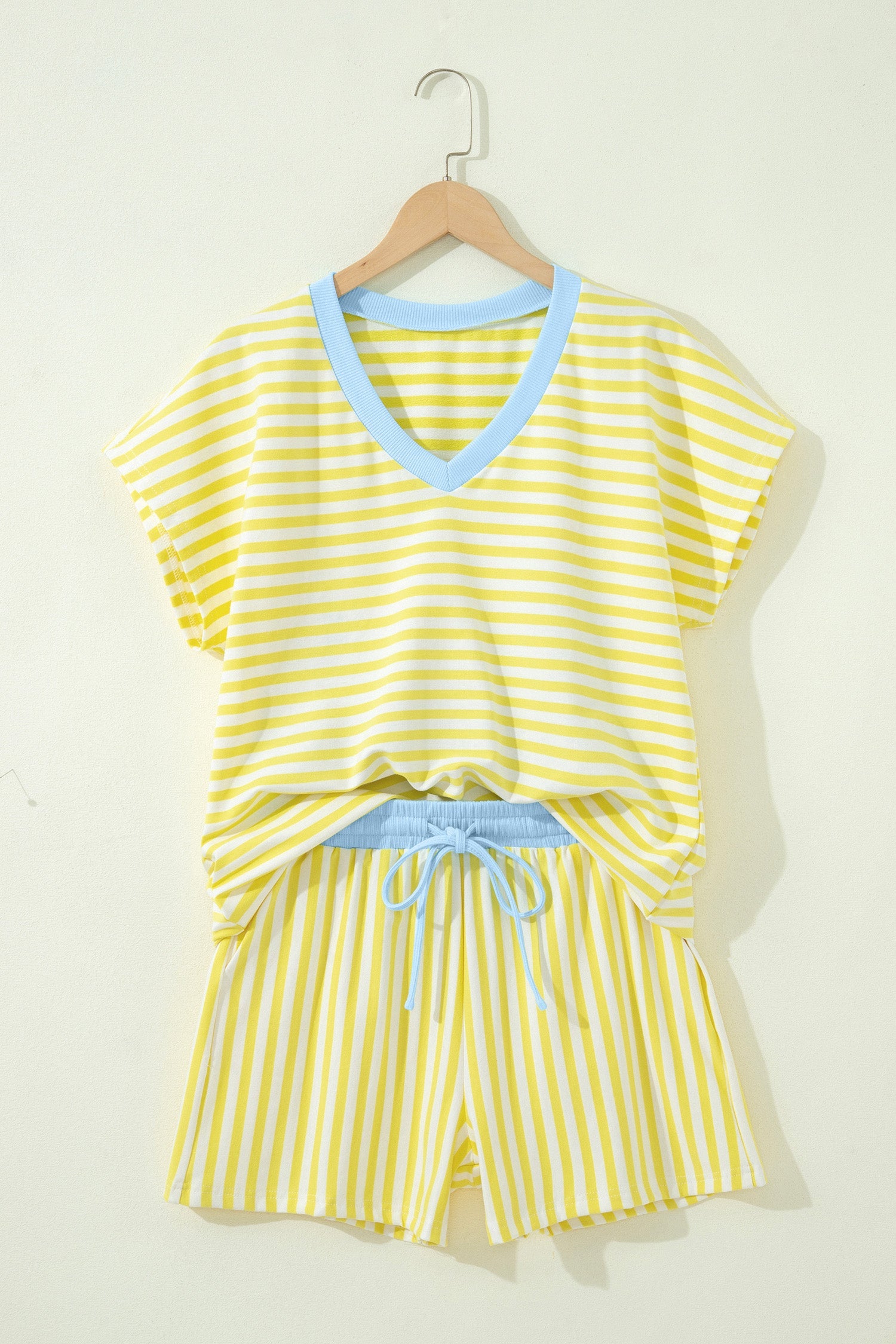 Yellow Stripe Colorblock Trim V Neck Tee Drawstring Elastic Waist Short Set