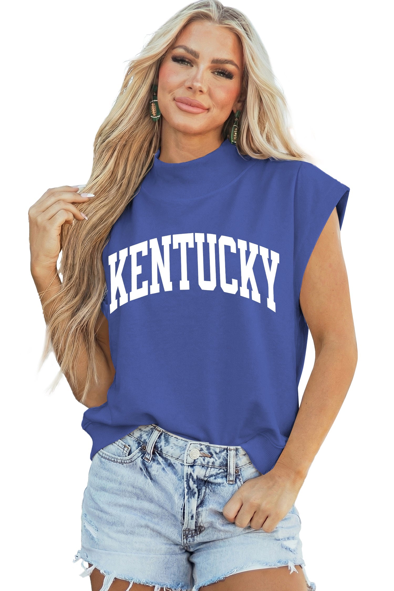 Sky Blue KENTUCKY Leopard KY Double Side Printed Mock Neck Tee