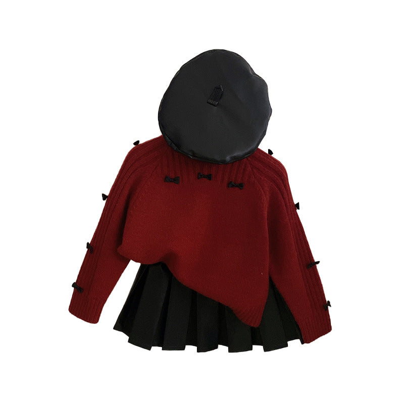 Sweet Bow-knot Knit Sweater And Pleated Skirt For Little Girls New Autumnwinter Collection