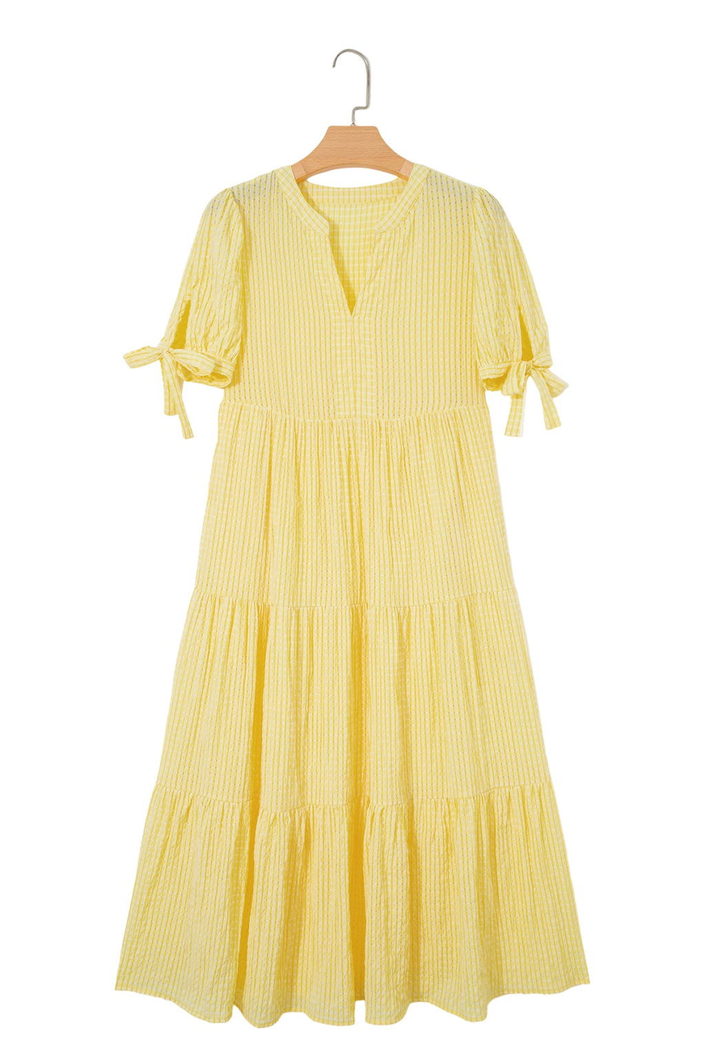 Yellow Gingham Textured Bow Tie Short Sleeve Tiered Midi Dress
