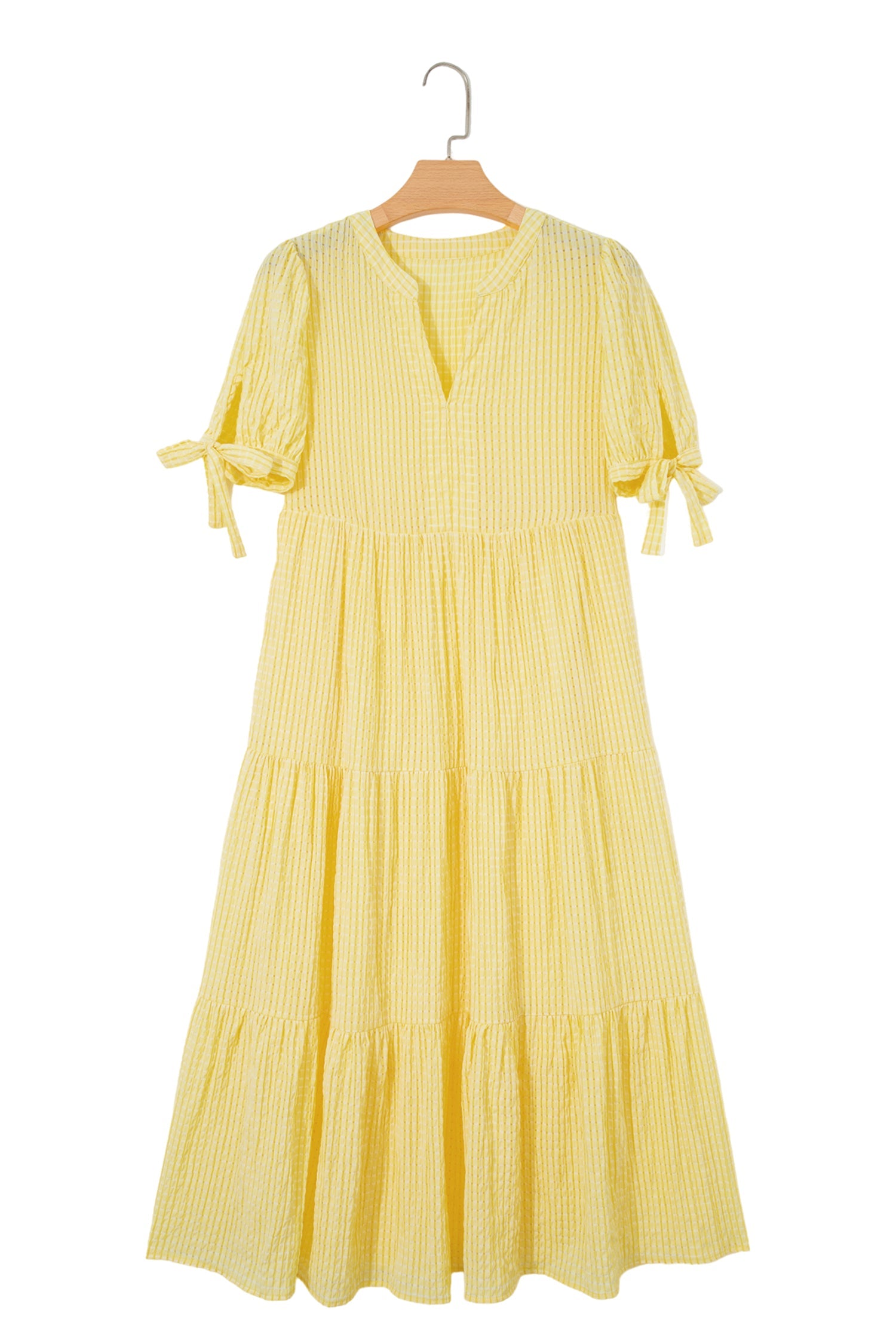 Yellow Gingham Textured Bow Tie Short Sleeve Tiered Midi Dress