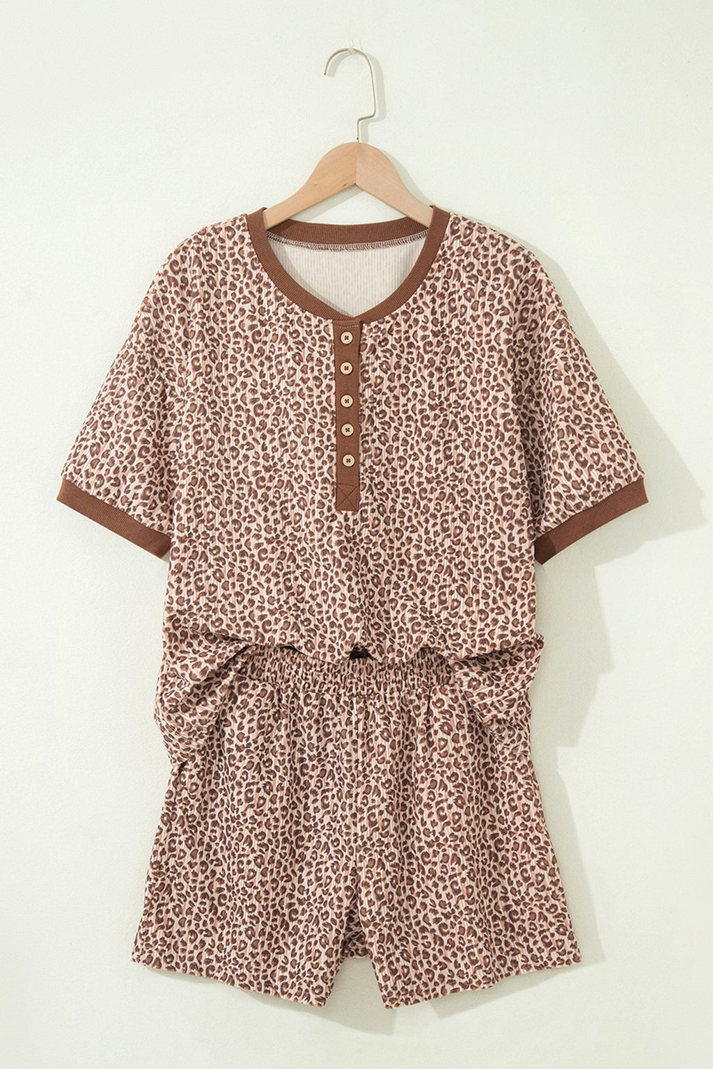 Brown Leopard Print Ribbed Patchwork Half Button Loose Tee Elastic Waist Short 2pcs Set