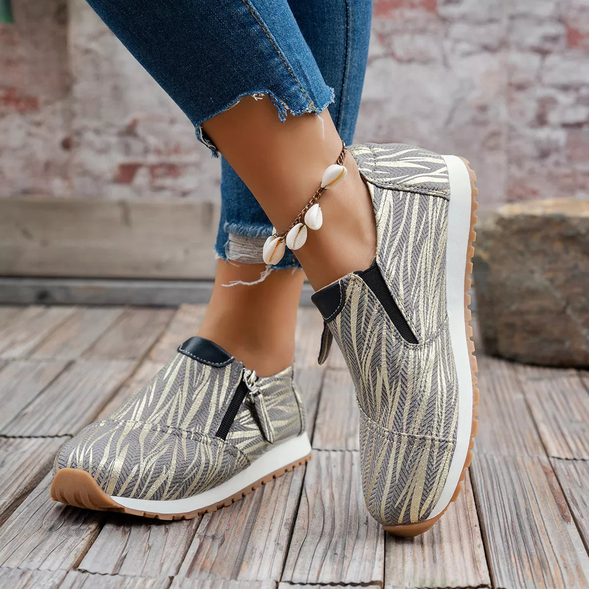 Round Toe Zipper Detail Slip-Ons