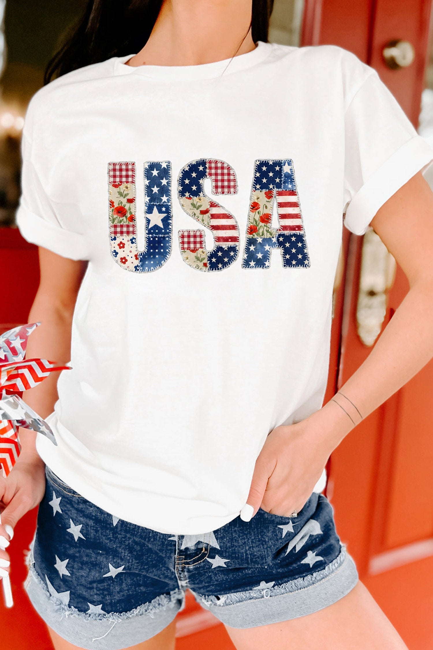 White USA Faux Patchwork Graphic Tee