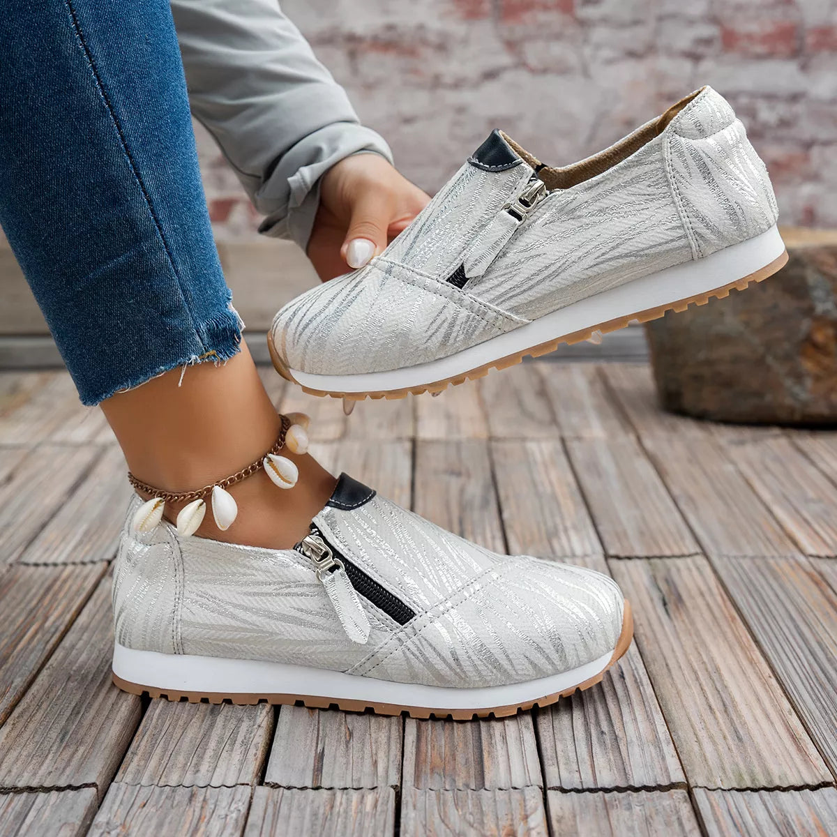Round Toe Zipper Detail Slip-Ons