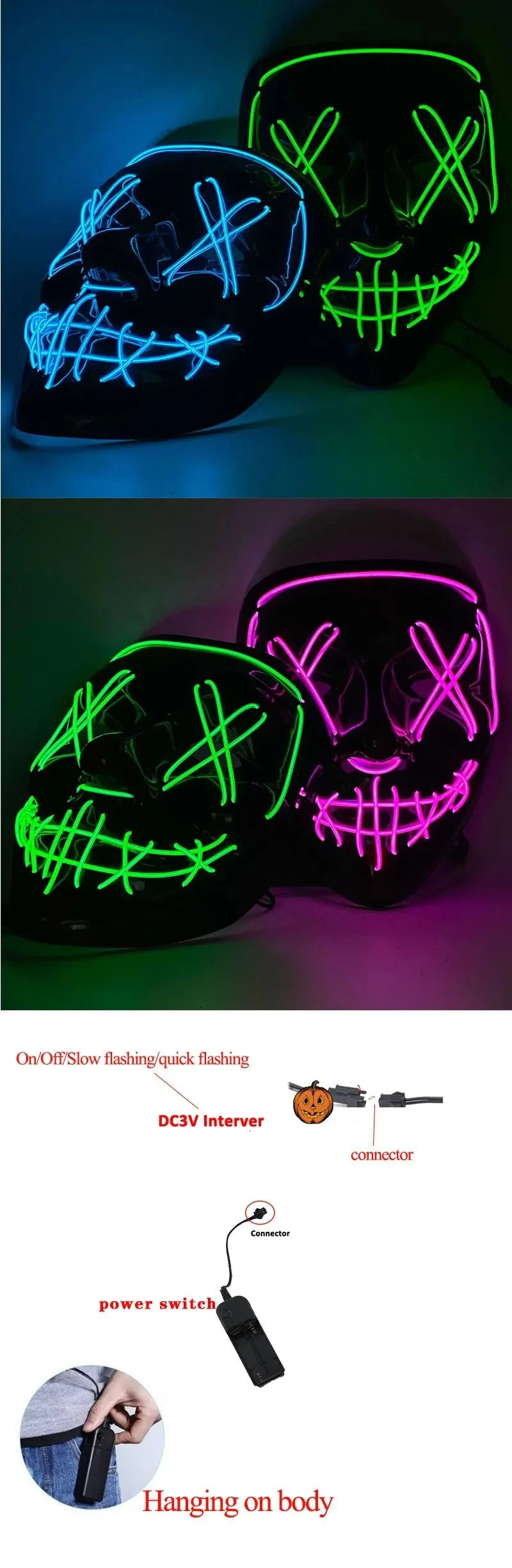 Neon LED Purge Mask | Light-Up Masquerade Party Accessory