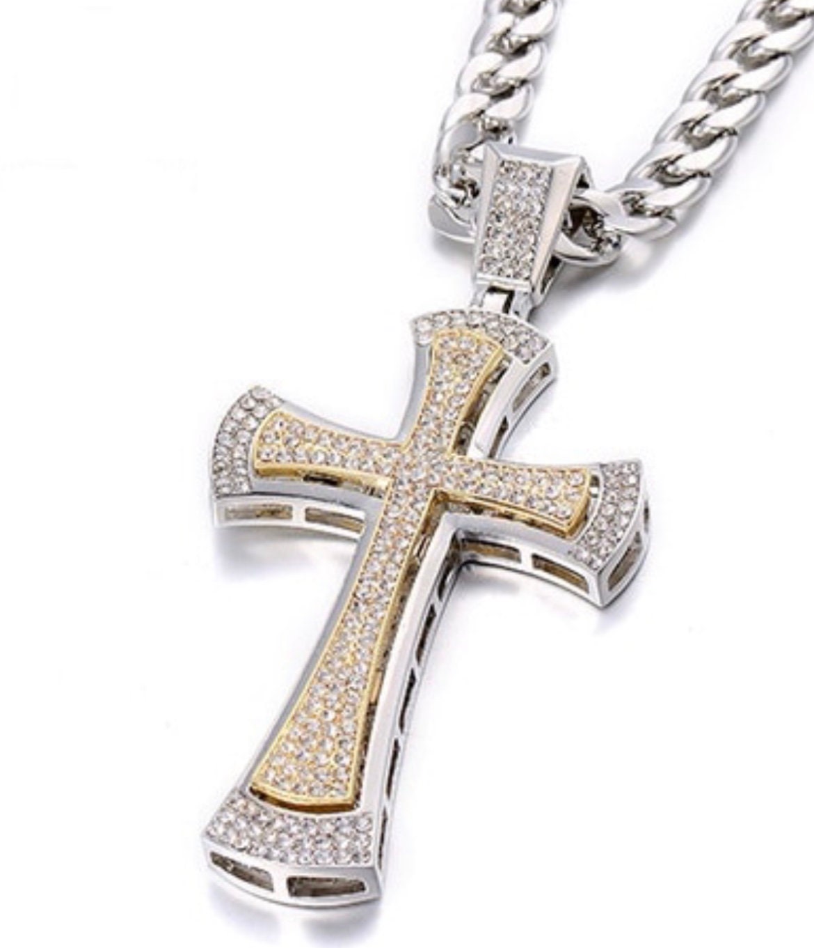 Curved Iced Out Silver Cross Necklace for Men Swag Silver Gold CZ Heavy Stainless Steel Thick Curb Chain Jewelry Iced Out Rapper (Copy)