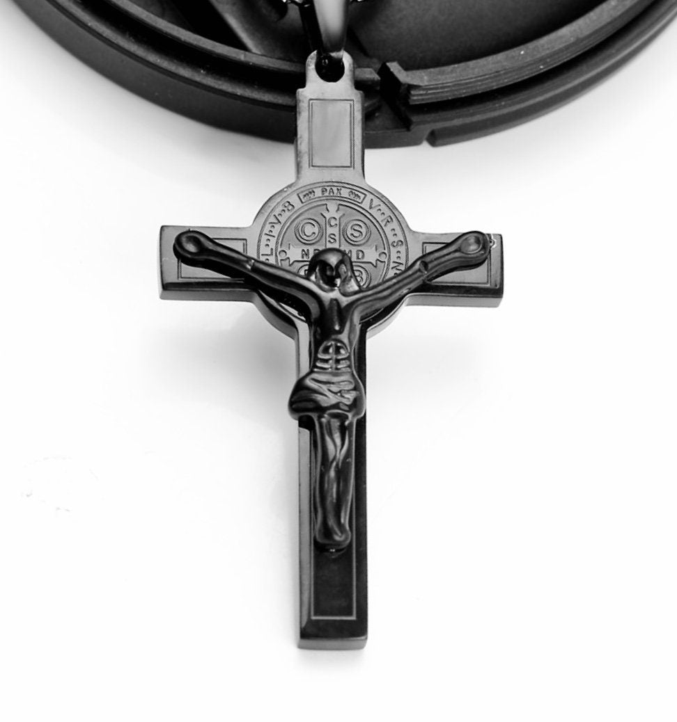 All Black Saint Benedict Crucifix Medal Cross Catholic Light Weight Chain Necklace for Men Black Religious San Benito Jesus