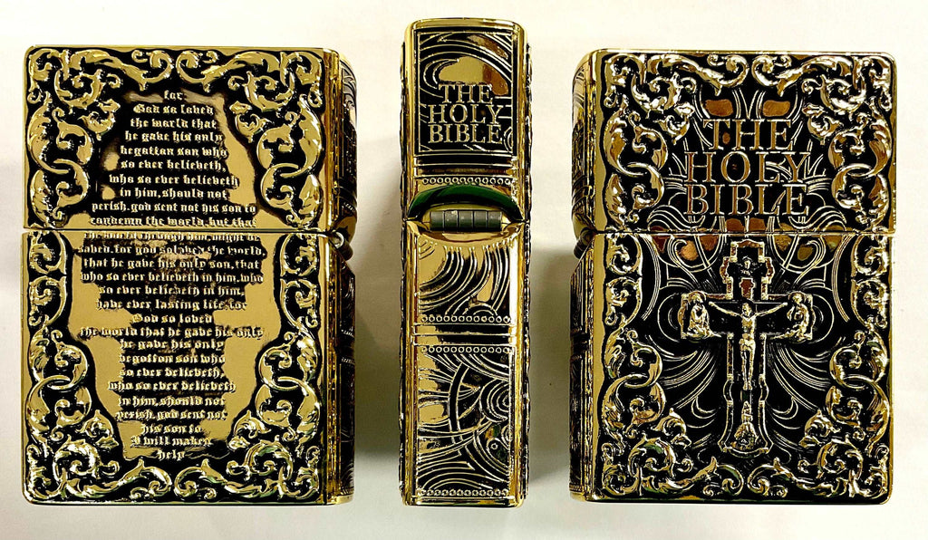 Cross lighter holy bible heavy bronze crucifix deep embossed filigree designed antiqued accents god jesus christian jewelry