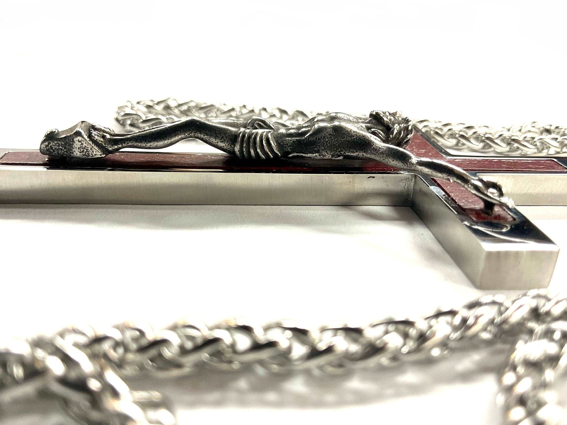 Behemoth wood inlayed crucifix cross necklace for men man women stainless steel large hypoallergenic cross 2