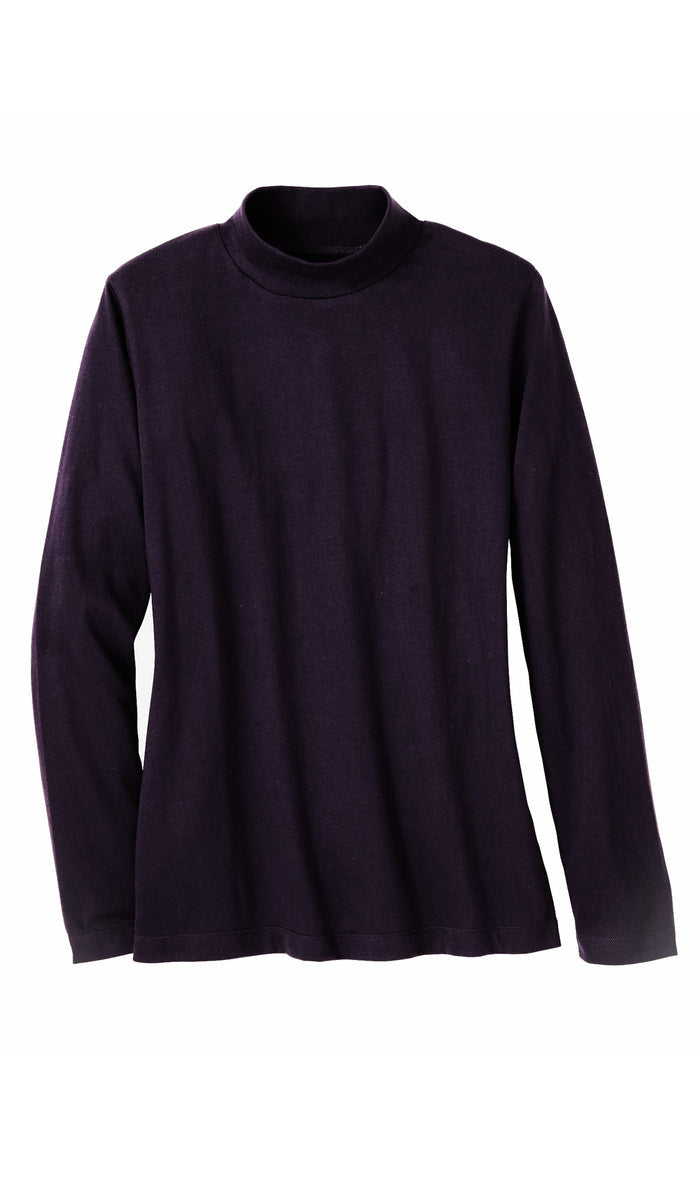 Women's Long Sleeve Mock Neck Top — Lightweight Cotton Blend
