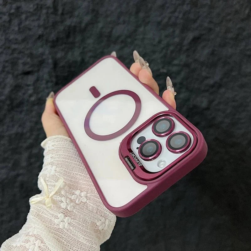 Magnetic Shockproof Transparent Phone Case with Stand | Glass Lens Protection for iPhone 11-16 Series