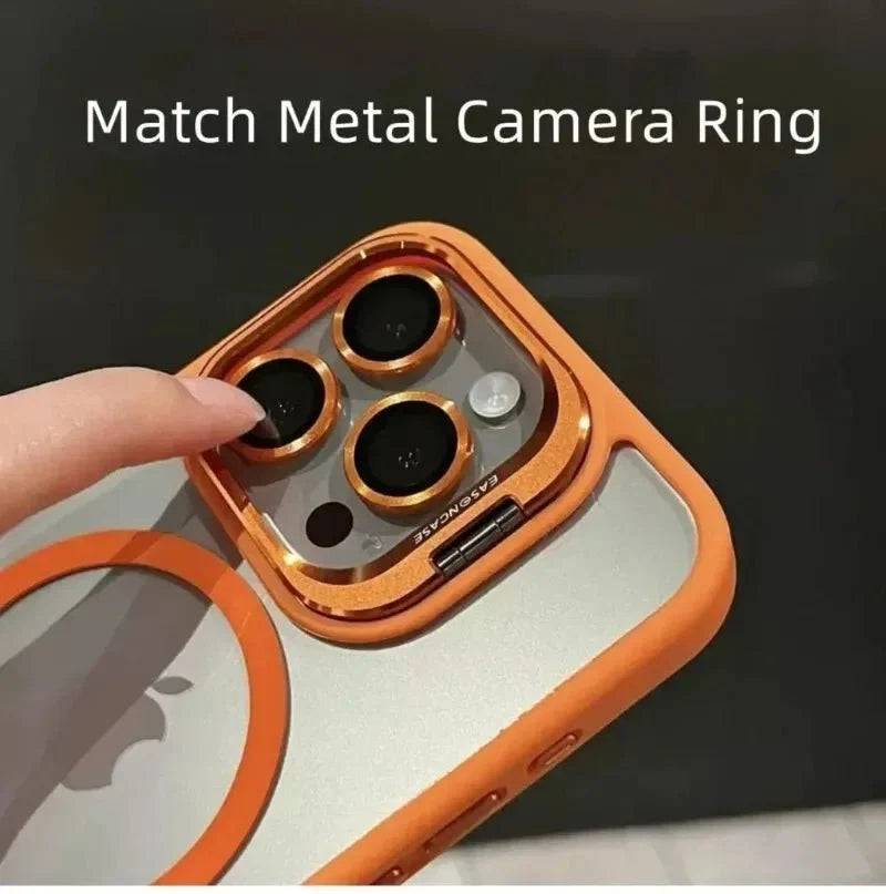 Magnetic Shockproof Transparent Phone Case with Stand | Glass Lens Protection for iPhone 11-16 Series
