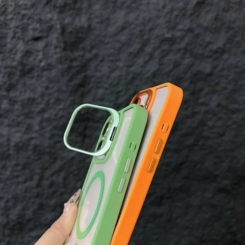 Magnetic Shockproof Transparent Phone Case with Stand | Glass Lens Protection for iPhone 11-16 Series