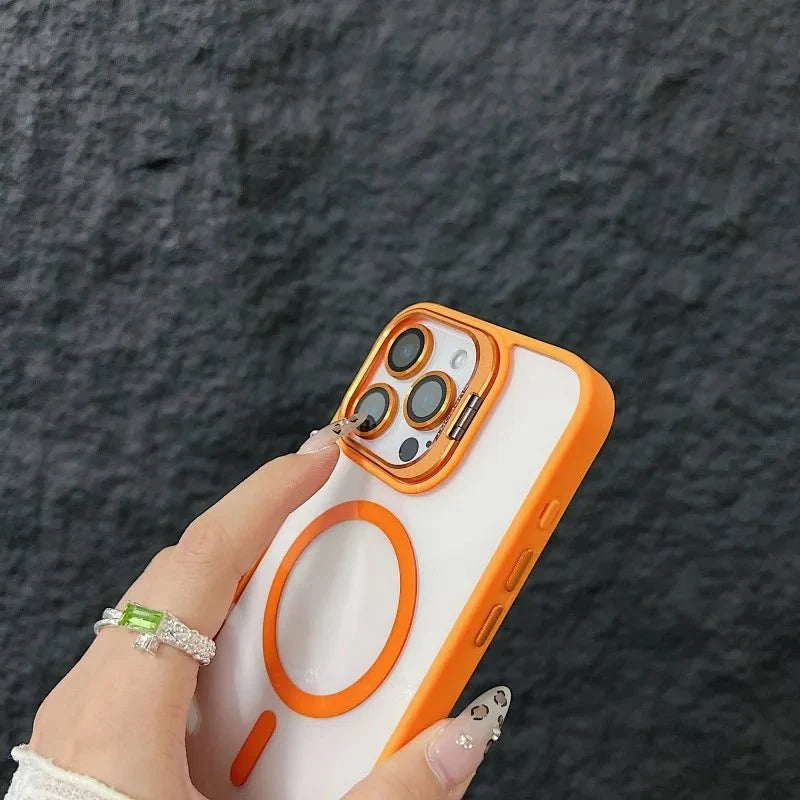 Magnetic Shockproof Transparent Phone Case with Stand | Glass Lens Protection for iPhone 11-16 Series
