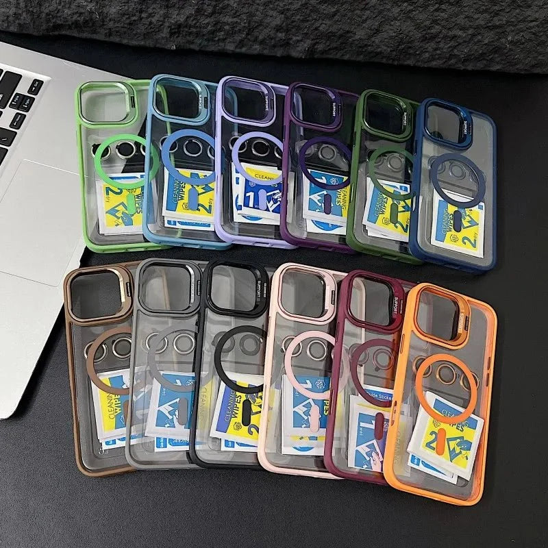 Magnetic Shockproof Transparent Phone Case with Stand | Glass Lens Protection for iPhone 11-16 Series