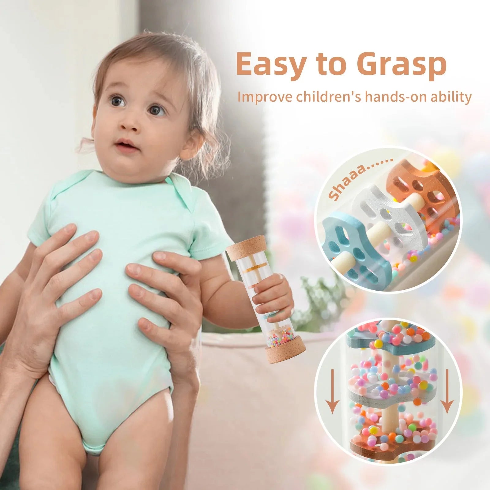 Montessori Wooden Baby Rain Stick | Rainbow Hourglass Sensory Music Rattle Toy