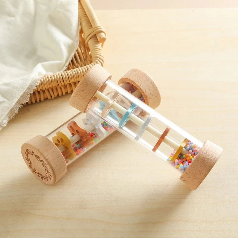 Montessori Wooden Baby Rain Stick | Rainbow Hourglass Sensory Music Rattle Toy
