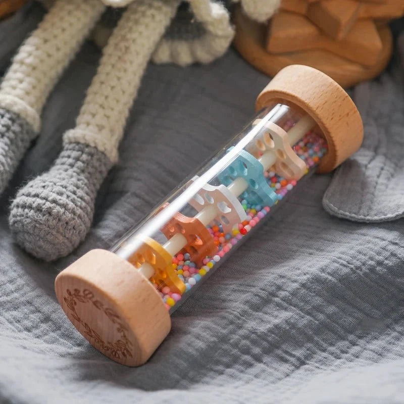 Montessori Wooden Baby Rain Stick | Rainbow Hourglass Sensory Music Rattle Toy