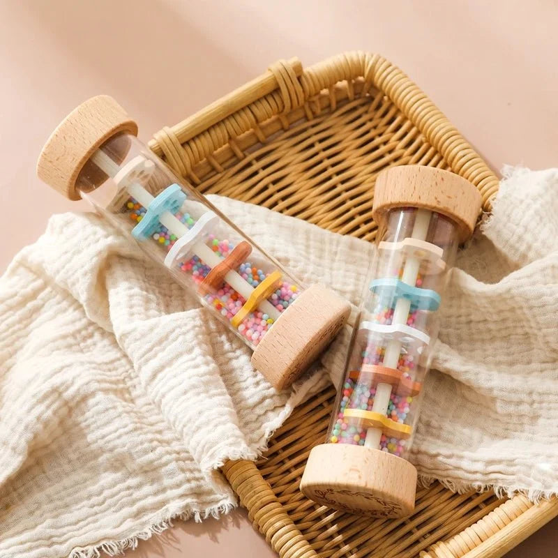 Montessori Wooden Baby Rain Stick | Rainbow Hourglass Sensory Music Rattle Toy