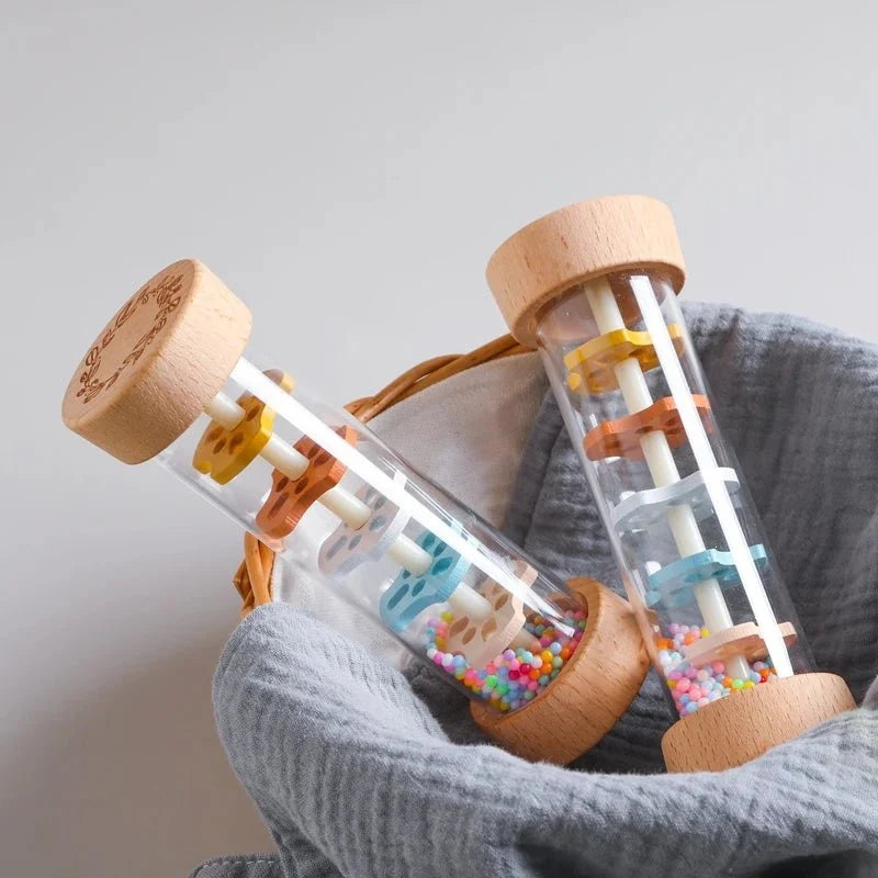 Montessori Wooden Baby Rain Stick | Rainbow Hourglass Sensory Music Rattle Toy