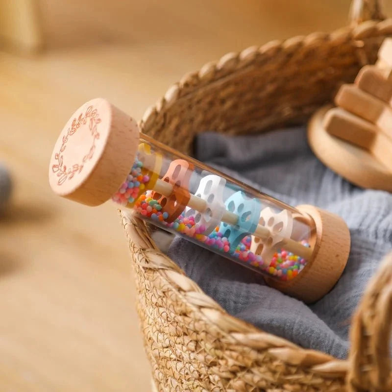 Montessori Wooden Baby Rain Stick | Rainbow Hourglass Sensory Music Rattle Toy