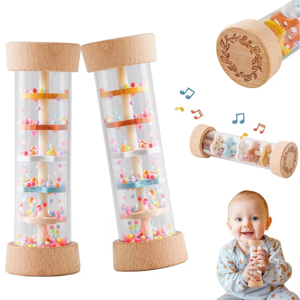 Montessori Wooden Baby Rain Stick | Rainbow Hourglass Sensory Music Rattle Toy