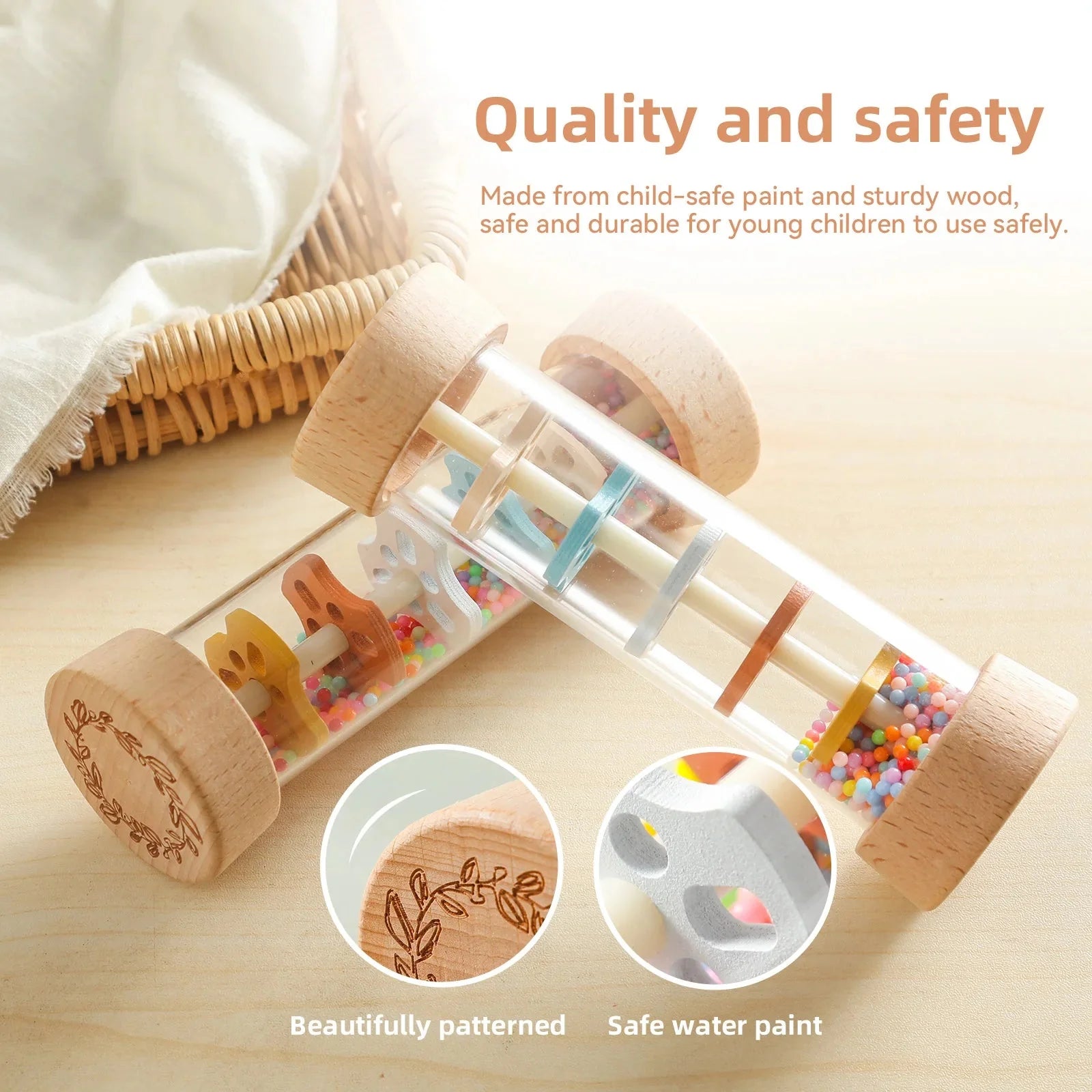Montessori Wooden Baby Rain Stick | Rainbow Hourglass Sensory Music Rattle Toy