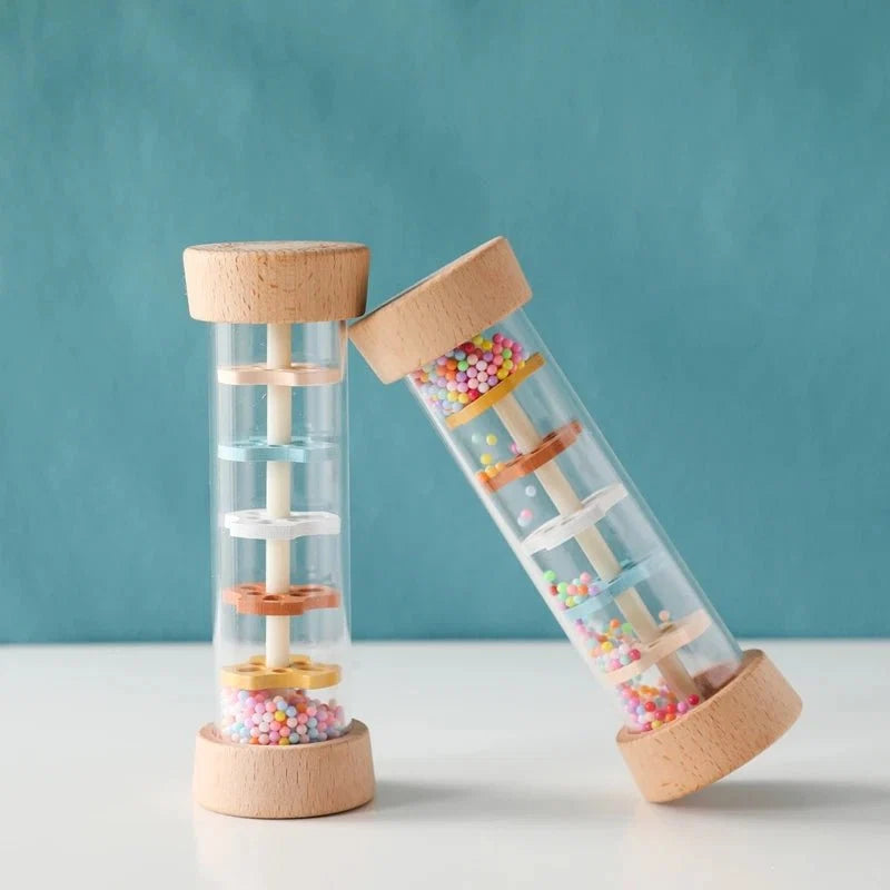 Montessori Wooden Baby Rain Stick | Rainbow Hourglass Sensory Music Rattle Toy