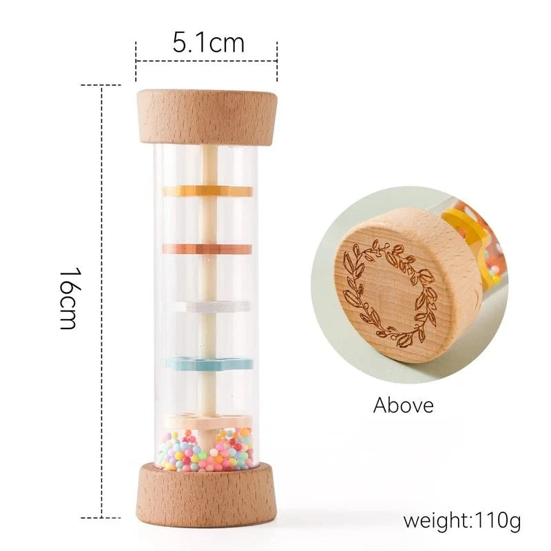 Montessori Wooden Baby Rain Stick | Rainbow Hourglass Sensory Music Rattle Toy