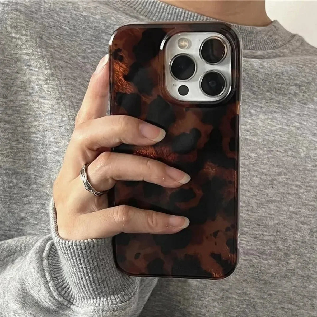 Retro Amber Laser Texture Phone Case | Leopard Print Shockproof Soft Back Cover for iPhone