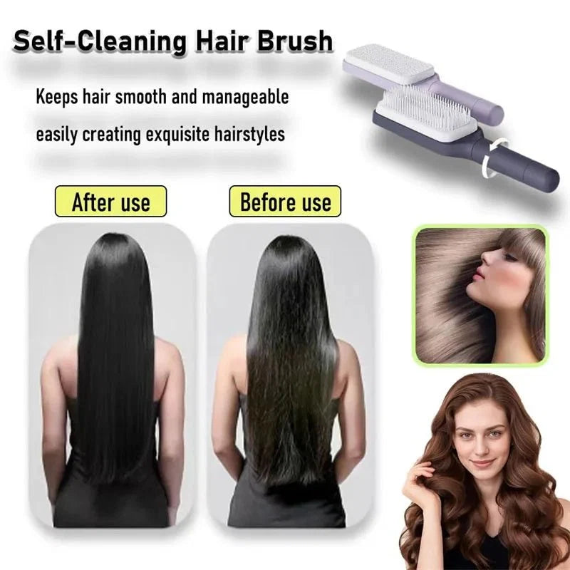 Self-Cleaning Retractable Hairbrush | Anti-Static Scalp Massage Comb with One-Key Hair Removal
