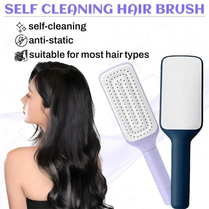 Self-Cleaning Retractable Hairbrush | Anti-Static Scalp Massage Comb with One-Key Hair Removal