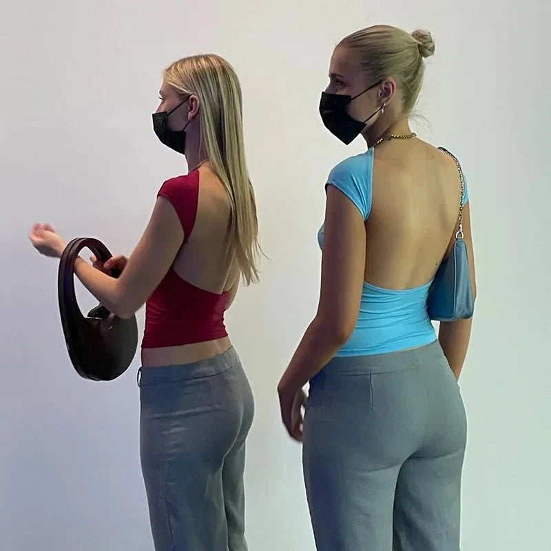 Yezw 2025 Slim Fit Crop Top | Backless Cut-Out Streetwear Tee for Women