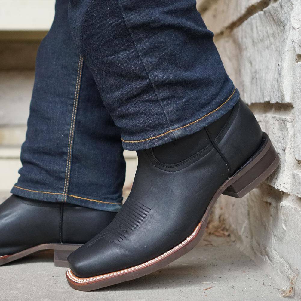 Black Square Toe Leather Cowboy Boots H4002